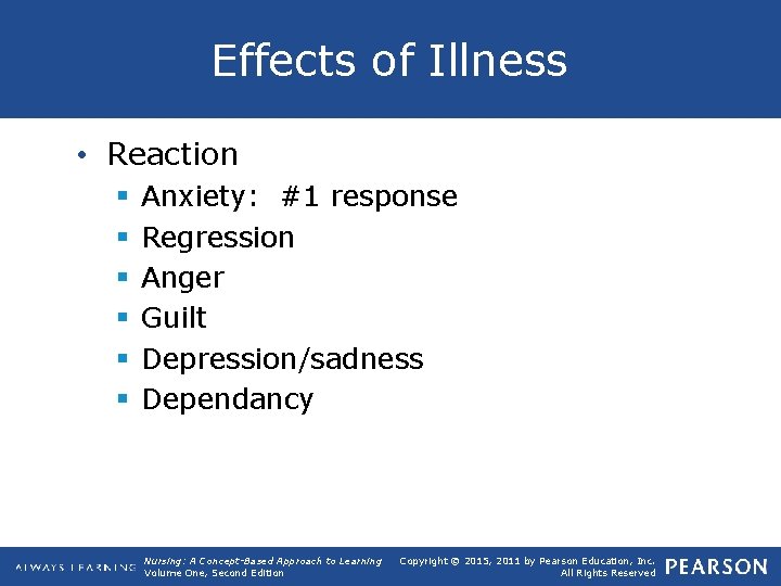 Effects of Illness • Reaction § § § Anxiety: #1 response Regression Anger Guilt