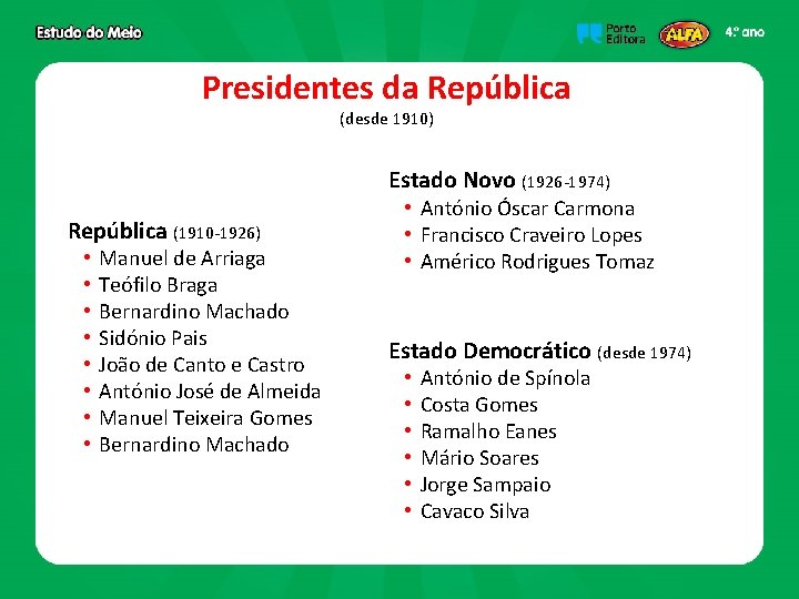 Presidentes da República (desde 1910) Estado Novo (1926 -1974) República (1910 -1926) • •