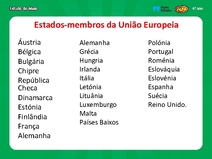 Estados-membros da União Europeia Áustria Bélgica Bulgária Chipre República Checa Dinamarca Estónia Finlândia França