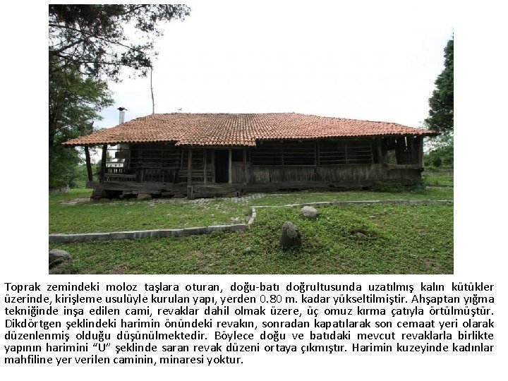 Toprak zemindeki moloz taşlara oturan, doğu-batı doğrultusunda uzatılmış kalın kütükler üzerinde, kirişleme usulüyle kurulan