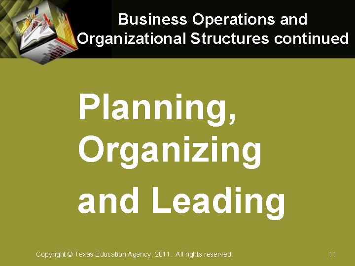 Business Operations and Organizational Structures continued Planning, Organizing and Leading Copyright © Texas Education