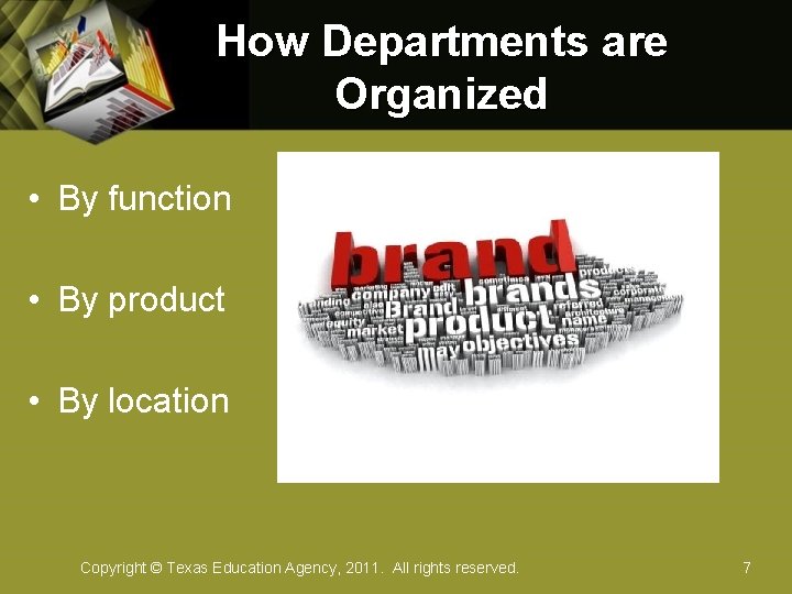How Departments are Organized • By function • By product • By location Copyright