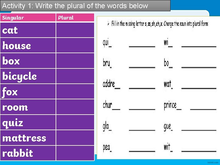 Activity 1: Write the plural of the words below Singular cat house box bicycle