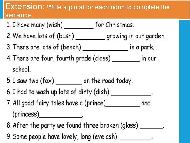 Extension: Write a plural for each noun to complete the sentence. 