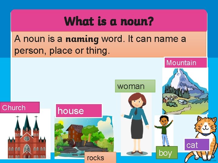 What is a noun? A noun is a naming word. It can name a