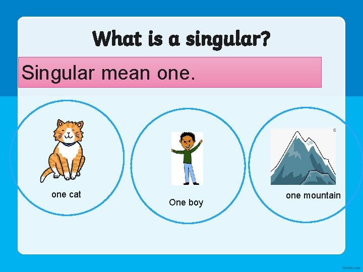 What is a singular? Singular mean one cat One boy one mountain 