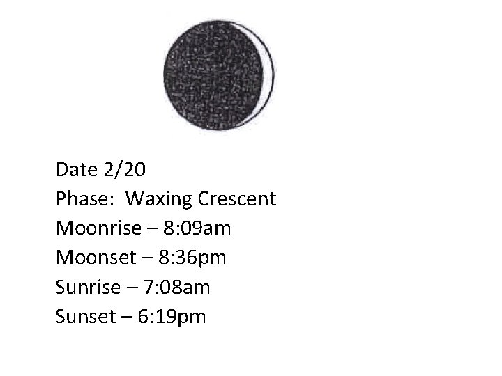Date 2/20 Phase: Waxing Crescent Moonrise – 8: 09 am Moonset – 8: 36