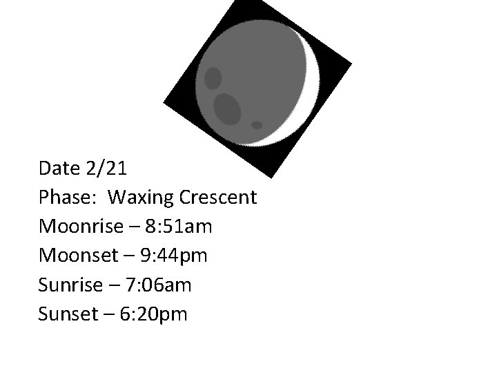 Date 2/21 Phase: Waxing Crescent Moonrise – 8: 51 am Moonset – 9: 44