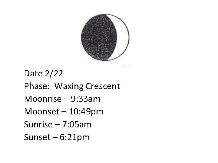 Date 2/22 Phase: Waxing Crescent Moonrise – 9: 33 am Moonset – 10: 49