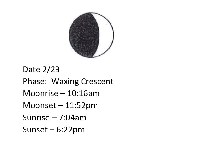 Date 2/23 Phase: Waxing Crescent Moonrise – 10: 16 am Moonset – 11: 52
