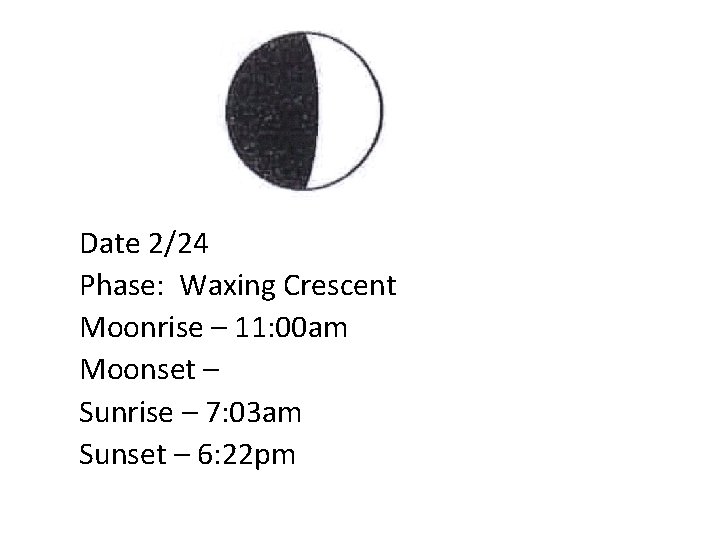 Date 2/24 Phase: Waxing Crescent Moonrise – 11: 00 am Moonset – Sunrise –