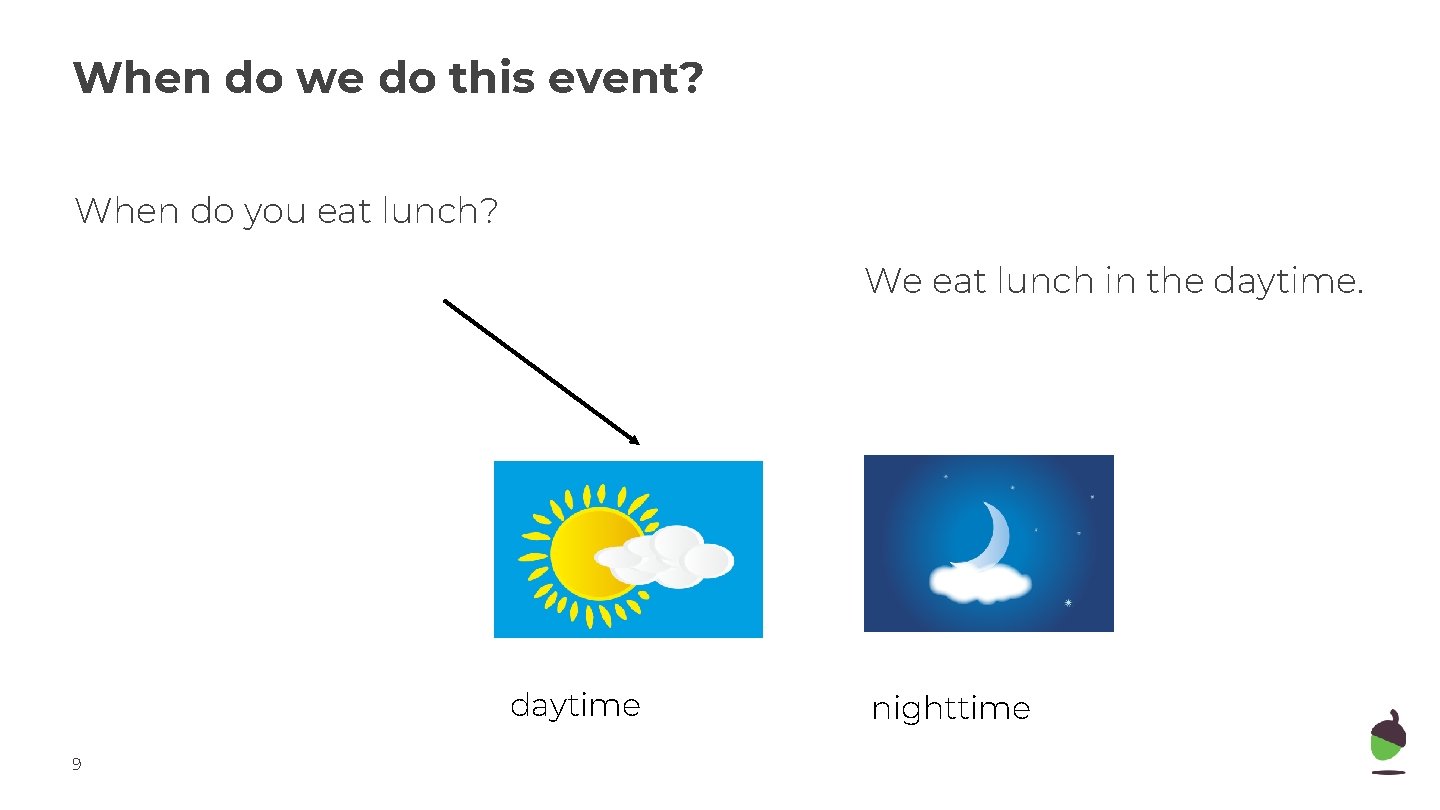 When do we do this event? When do you eat lunch? We eat lunch