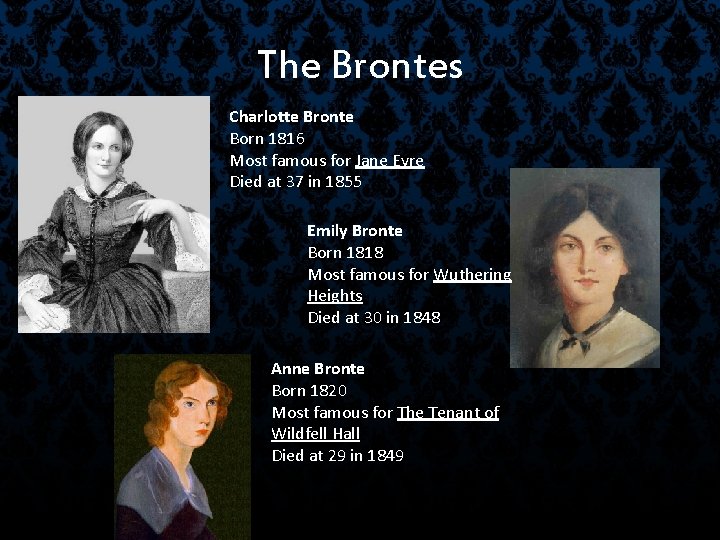 The Brontes Charlotte Bronte Born 1816 Most famous for Jane Eyre Died at 37