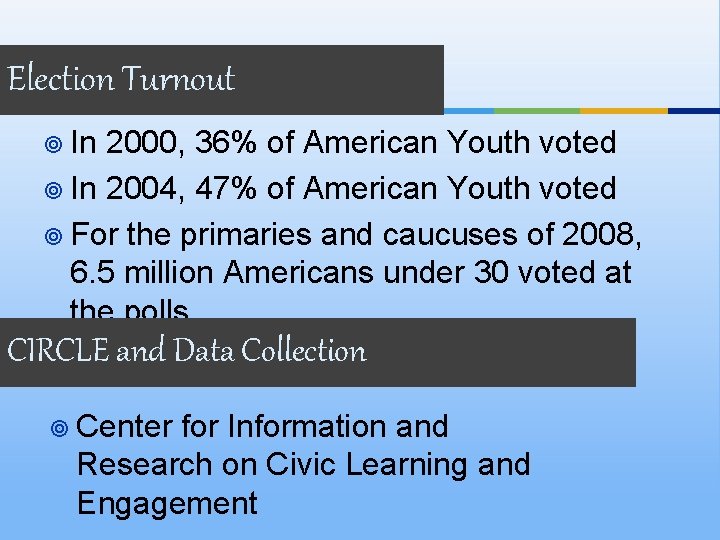 Election Turnout ¥ In 2000, 36% of American Youth voted ¥ In 2004, 47%