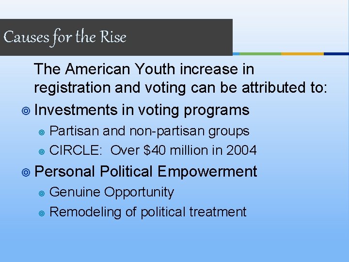Causes for the Rise The American Youth increase in registration and voting can be