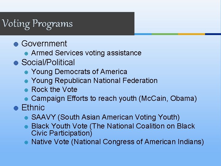 Voting Programs ¥ Government ¥ ¥ Social/Political ¥ ¥ ¥ Armed Services voting assistance