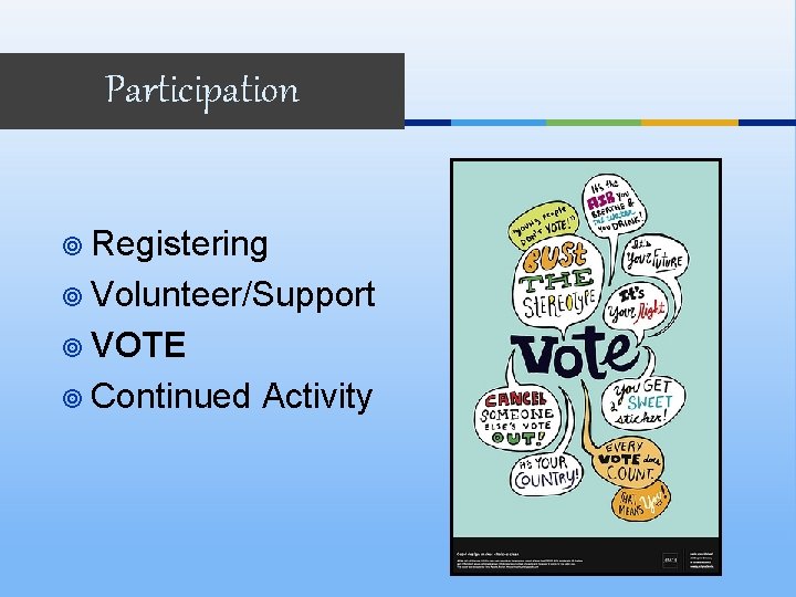 Participation ¥ Registering ¥ Volunteer/Support ¥ VOTE ¥ Continued Activity 