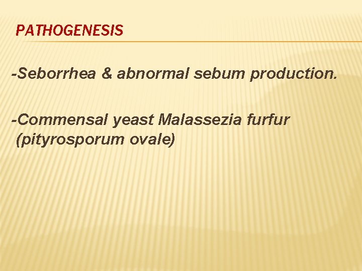 PATHOGENESIS -Seborrhea & abnormal sebum production. -Commensal yeast Malassezia furfur (pityrosporum ovale) 