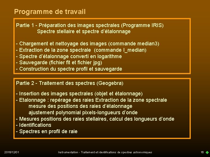 Programme de travail Partie 1 - Préparation des images spectrales (Programme IRIS) Spectre stellaire