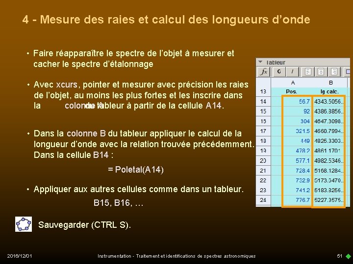 4 - Mesure des raies et calcul des longueurs d’onde • Faire réapparaître le