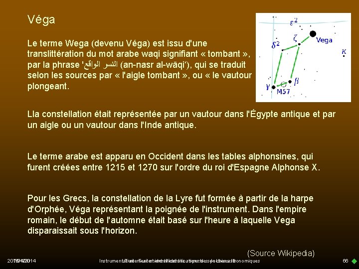 Véga Le terme Wega (devenu Véga) est issu d'une translittération du mot arabe waqi