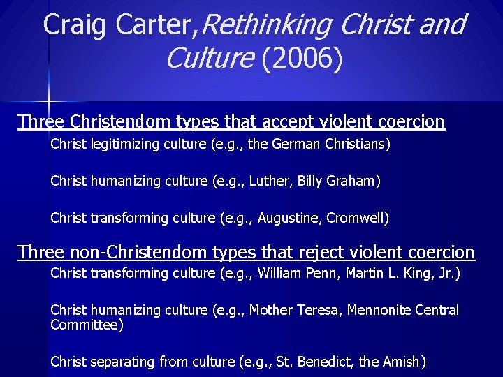Craig Carter, Rethinking Christ and Culture (2006) Three Christendom types that accept violent coercion