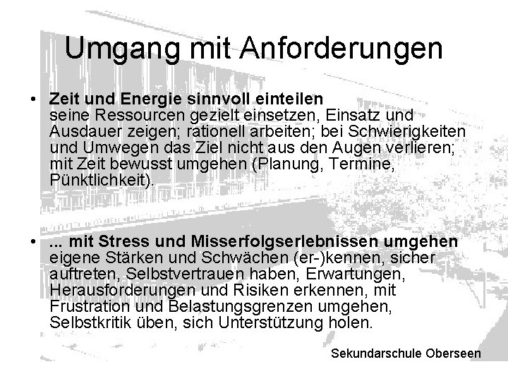 Umgang mit Anforderungen • Zeit und Energie sinnvoll einteilen seine Ressourcen gezielt einsetzen, Einsatz