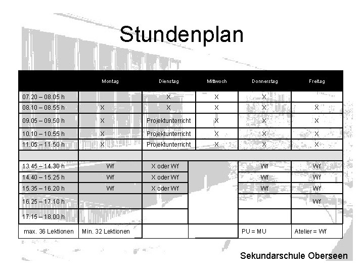 Stundenplan Montag 07. 20 – 08. 05 h Dienstag Mittwoch Donnerstag X X X