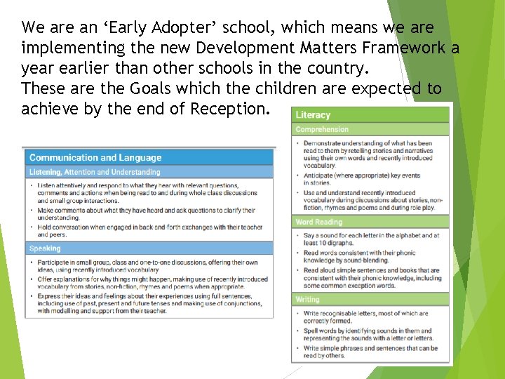 We are an ‘Early Adopter’ school, which means we are implementing the new Development