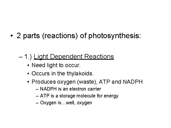  • 2 parts (reactions) of photosynthesis: – 1. ) Light Dependent Reactions •