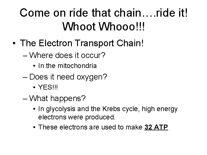 Come on ride that chain…. ride it! Whoot Whooo!!! • The Electron Transport Chain!