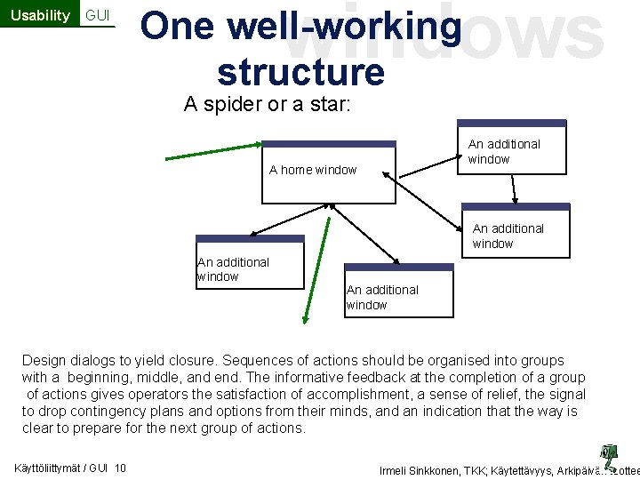Usability GUI windows One well-working structure A spider or a star: An additional window