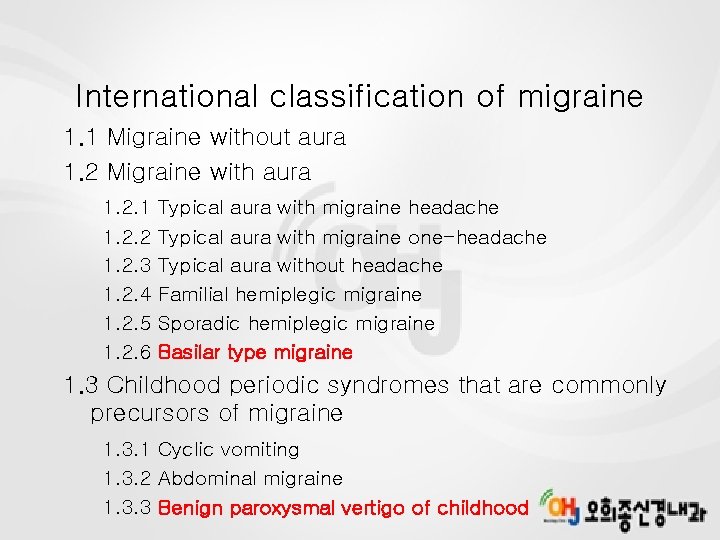 International classification of migraine 1. 1 Migraine without aura 1. 2 Migraine with aura