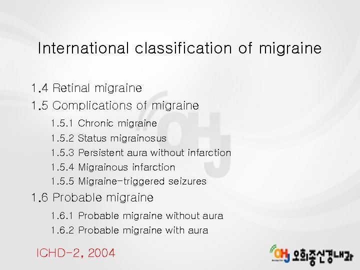 International classification of migraine 1. 4 Retinal migraine 1. 5 Complications of migraine 1.