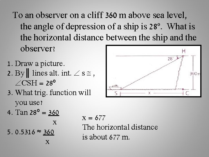 To an observer on a cliff 360 m above sea level, the angle of