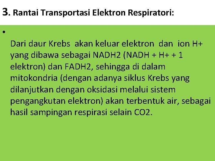 3. Rantai Transportasi Elektron Respiratori: • Dari daur Krebs akan keluar elektron dan ion