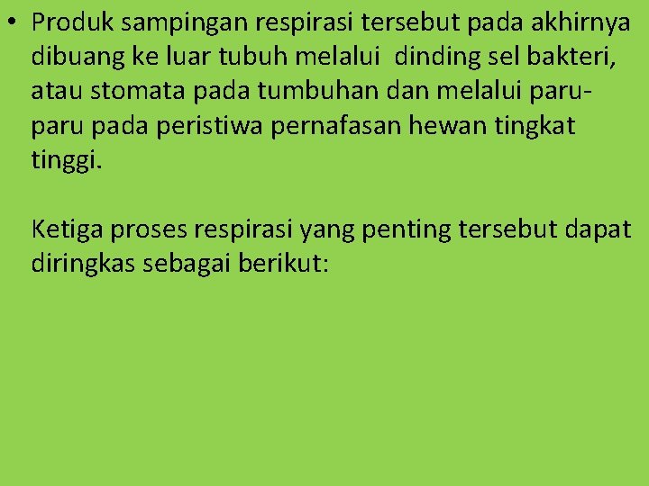  • Produk sampingan respirasi tersebut pada akhirnya dibuang ke luar tubuh melalui dinding