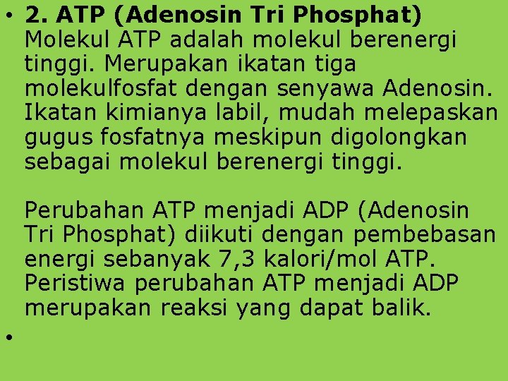  • 2. ATP (Adenosin Tri Phosphat) Molekul ATP adalah molekul berenergi tinggi. Merupakan