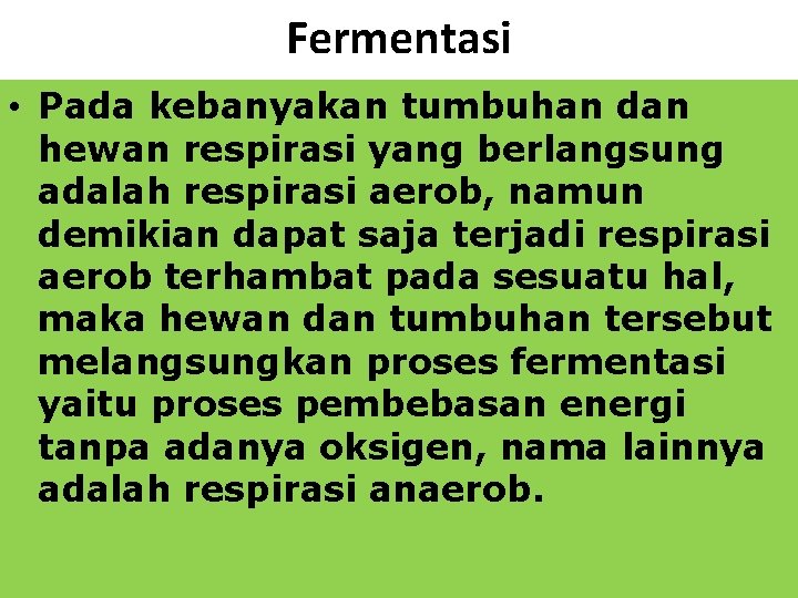 Fermentasi • Pada kebanyakan tumbuhan dan hewan respirasi yang berlangsung adalah respirasi aerob, namun
