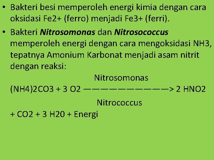  • Bakteri besi memperoleh energi kimia dengan cara oksidasi Fe 2+ (ferro) menjadi