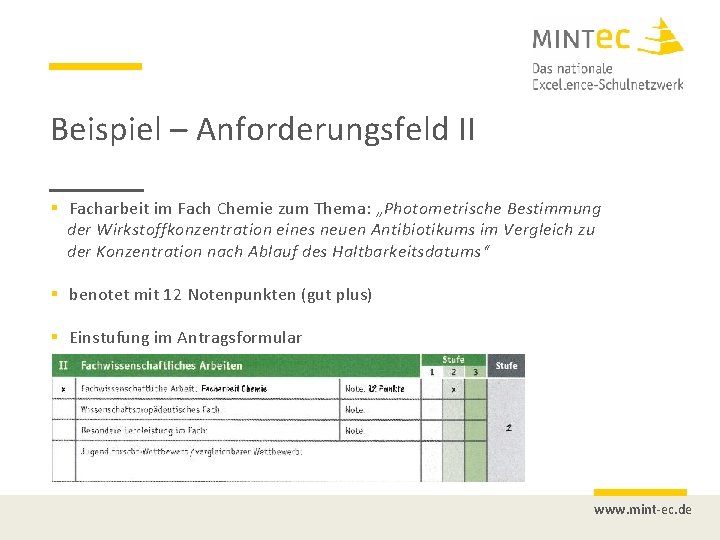 Beispiel – Anforderungsfeld II § Facharbeit im Fach Chemie zum Thema: „Photometrische Bestimmung der