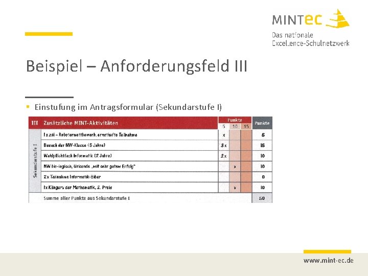 Beispiel – Anforderungsfeld III § Einstufung im Antragsformular (Sekundarstufe I) www. mint-ec. de 
