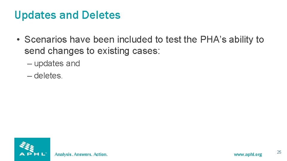 Updates and Deletes • Scenarios have been included to test the PHA’s ability to