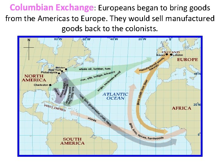 Columbian Exchange: Europeans began to bring goods from the Americas to Europe. They would