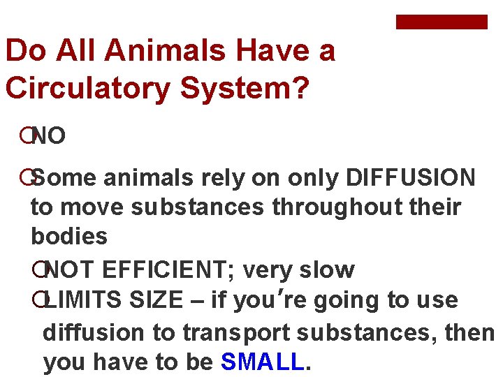 Do All Animals Have a Circulatory System? ¡NO ¡Some animals rely on only DIFFUSION