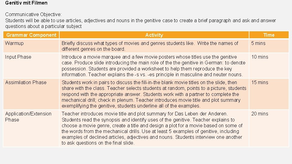 Genitiv mit Filmen Communicative Objective: Students will be able to use articles, adjectives and