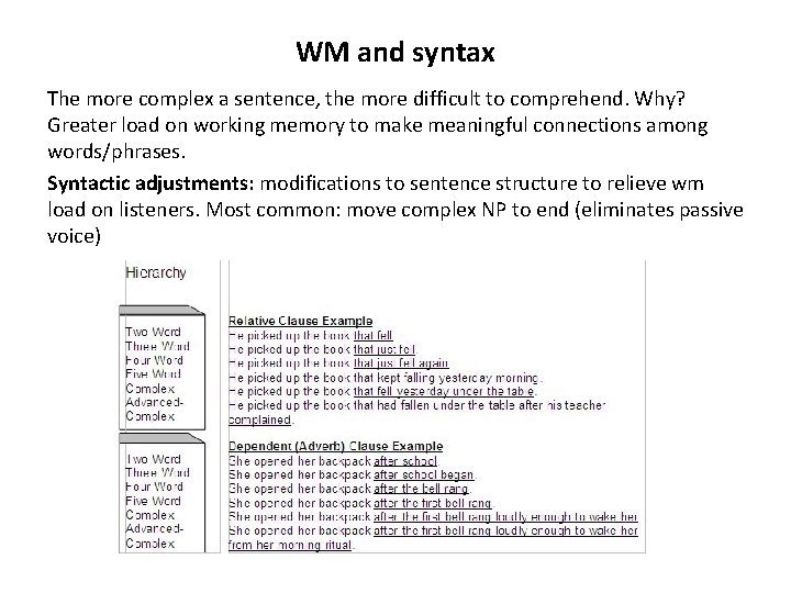 WM and syntax The more complex a sentence, the more difficult to comprehend. Why? WM and syntax The more complex a sentence, the more difficult to comprehend. Why?