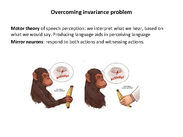 Overcoming invariance problem Motor theory of speech perception: we interpret what we hear, based Overcoming invariance problem Motor theory of speech perception: we interpret what we hear, based
