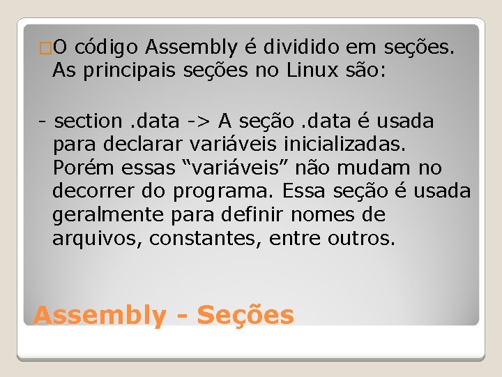 �O código Assembly é dividido em seções. As principais seções no Linux são: -