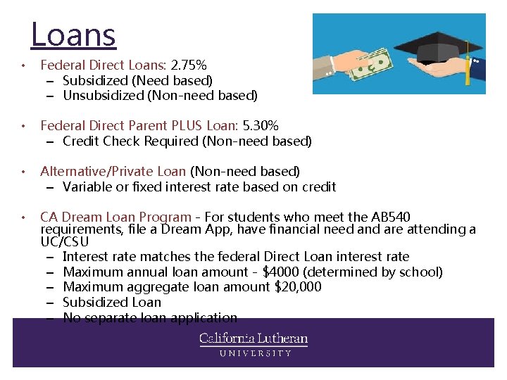 Loans • Federal Direct Loans: 2. 75% – Subsidized (Need based) – Unsubsidized (Non-need